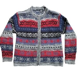 Tangents Fair Isle Zip Up Cardigan Sweater Womens Large Multi Color Wool Blend
